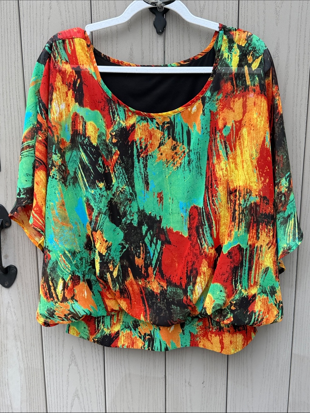 Abstract Multicolor Batwing Blouse — Green, Red & Orange